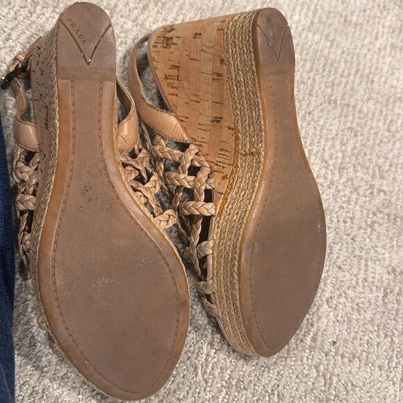 Prada Beige Braided Wedge Sandals Size 37.5 Authentic! - Picture 13 of 14